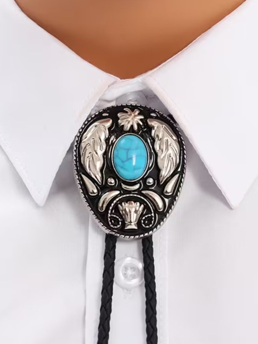 NWT Western FauxTurquoise Bolo Tie Black Braided Vegan Leather Cowboy Necktie